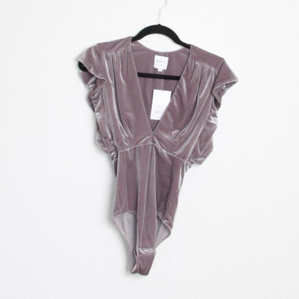 NWT Misa Los Angeles Leila Velvet Bodysuit Grey Silver Small